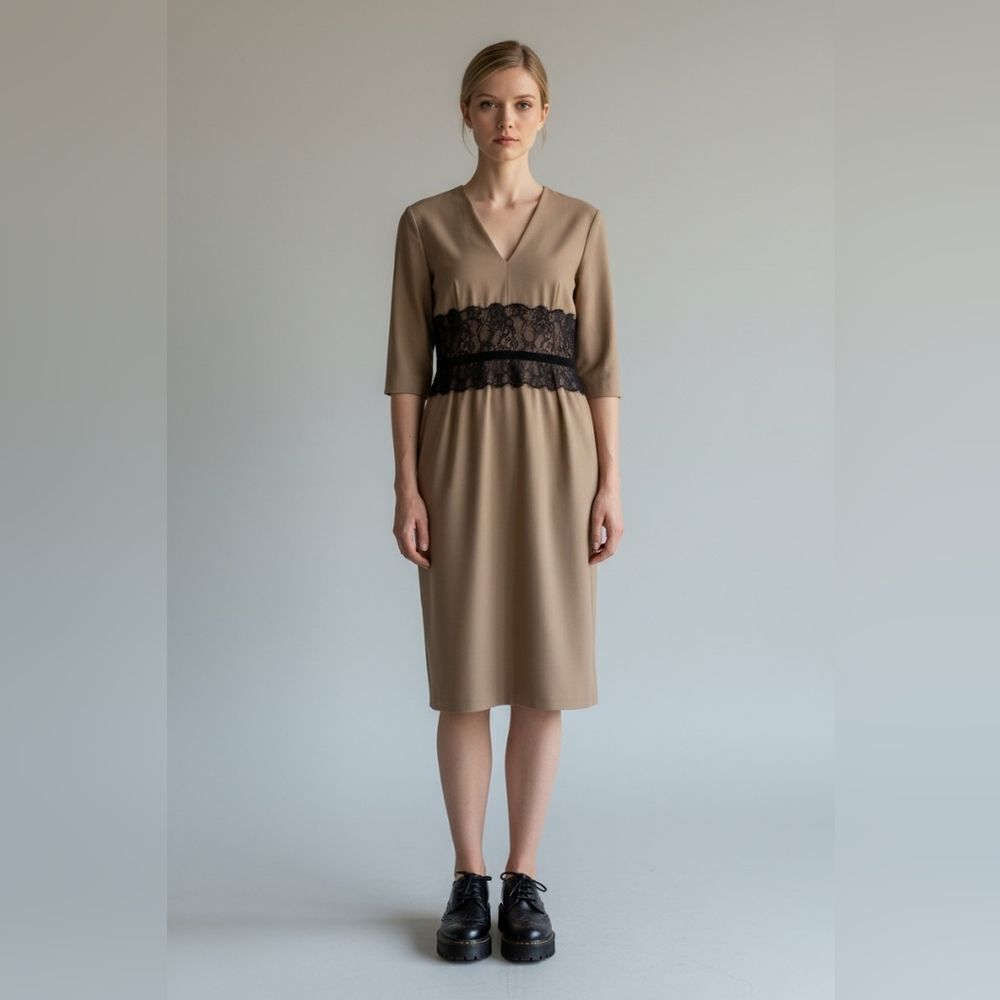 Sandra Angelozzi Taupe Dress with Black Lace Waist
